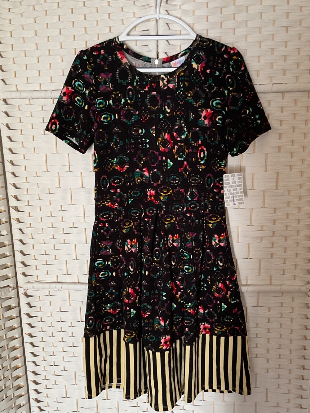 ROE Black Floral & Geometric Print Short Sleeve Dress with Striped Hem